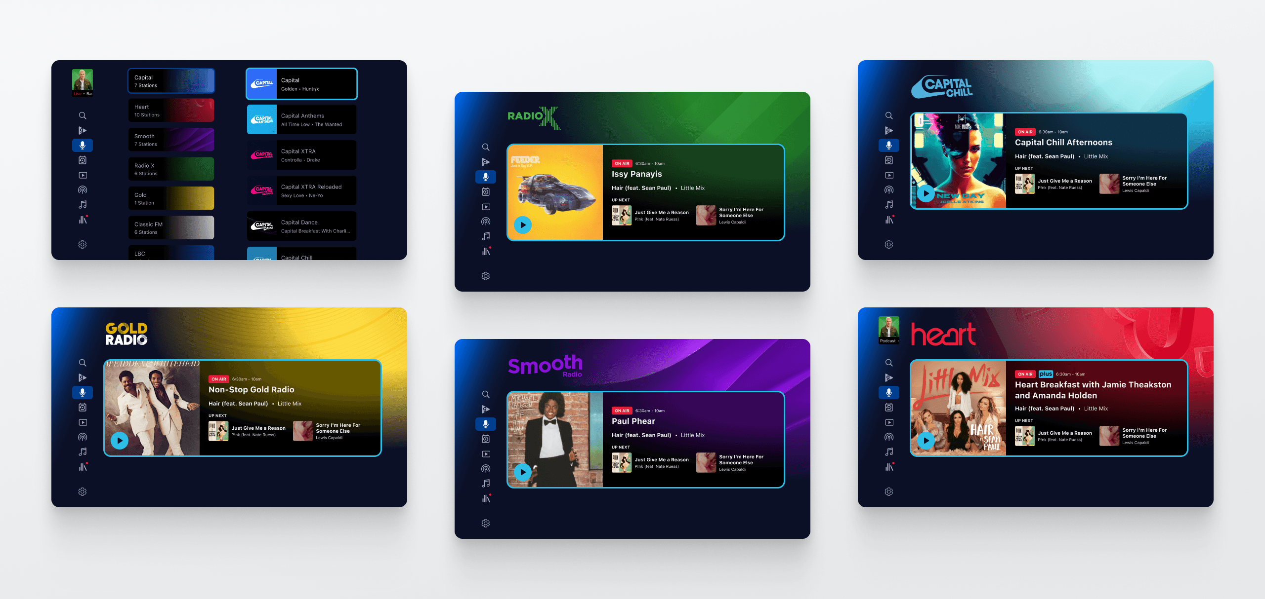 Global Player CTV live radio navigation and brand hub, with station brands and programme content.